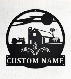 Custom Farm Scene Metal Wall Art, Personalized Farmer Name Sign Decoration