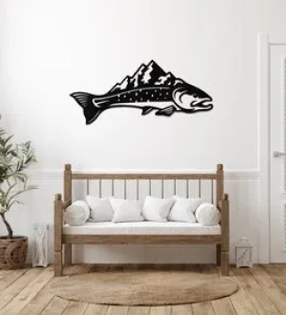 Trout Mountains Fish Design Metal Art, Metal Sign Wall Decor, Metal Sign Outdoor, Indoor